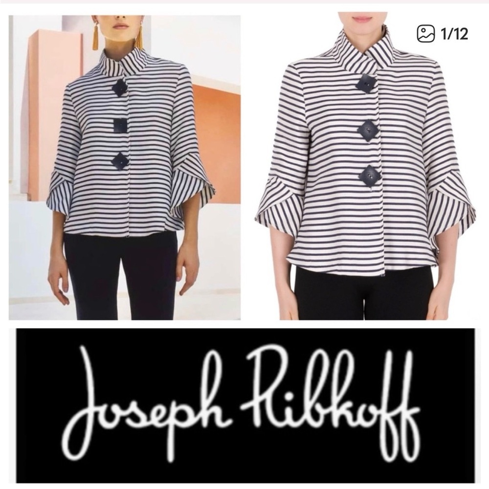 Joseph Ribkoff Black and White Striped Bell-Sleeve Button-Front  jacket - Picture 2 of 11